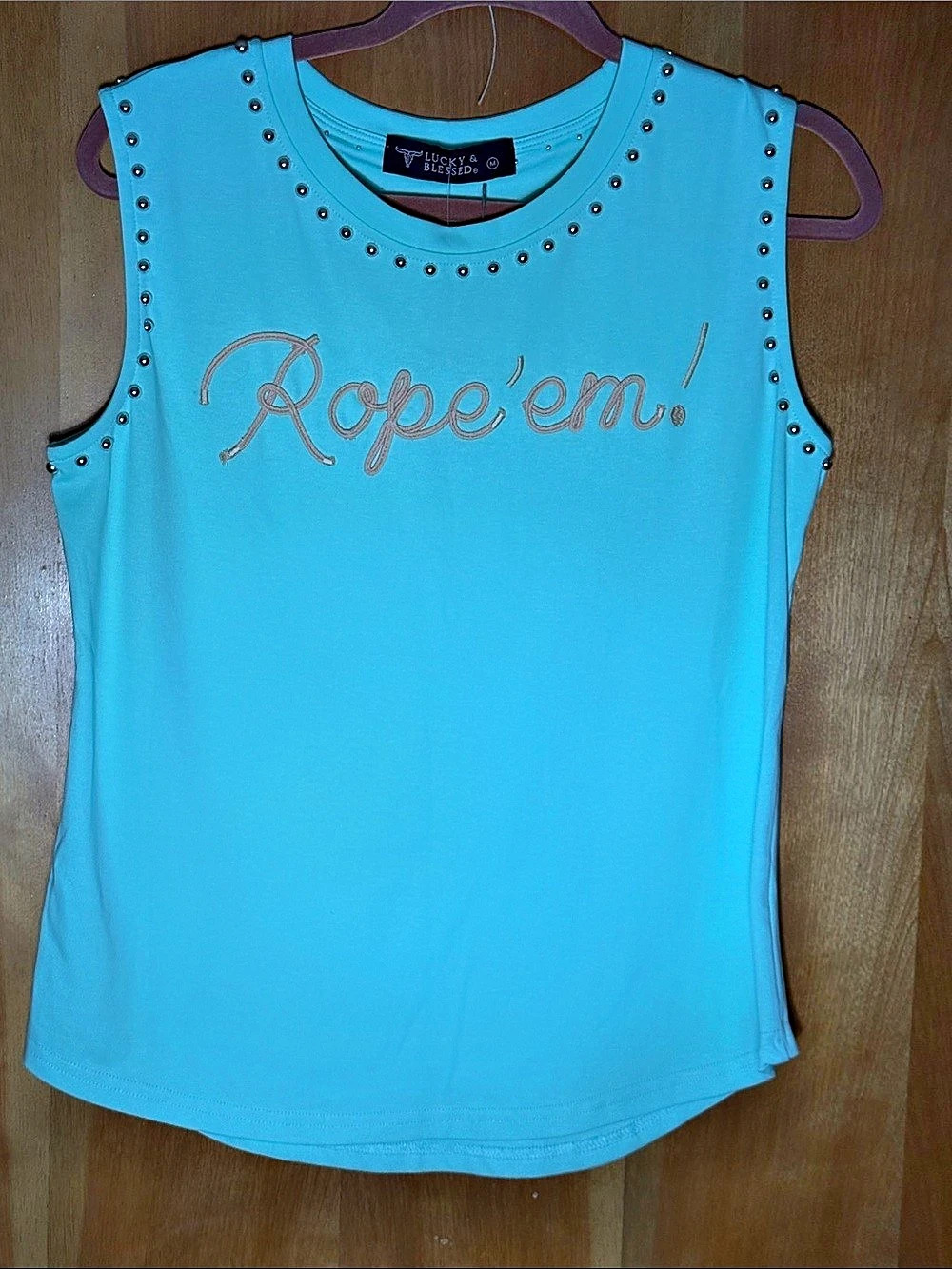 Lucky & Blessed Studded Graphic Tank Top in Blue Size Medium NWT